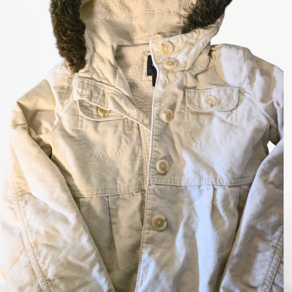 GAP Cream Kids Jacket with Faux Fur Hood